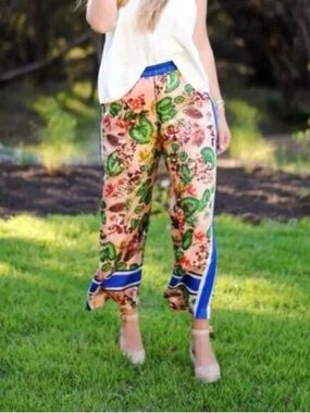 Anthropologie Elevenses Gardener 100% Silk Floral Tropical Wide-Leg Pants Large